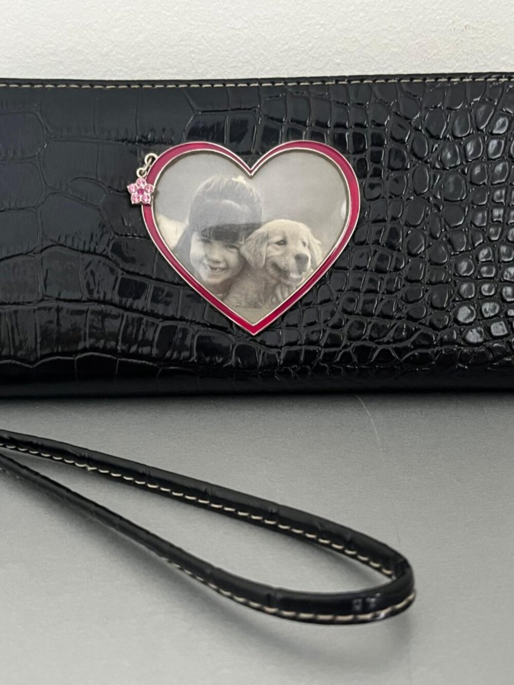 Vintage Liz Claiborne Faux Croc Black Heart Picture Holder Wallet Wristlet